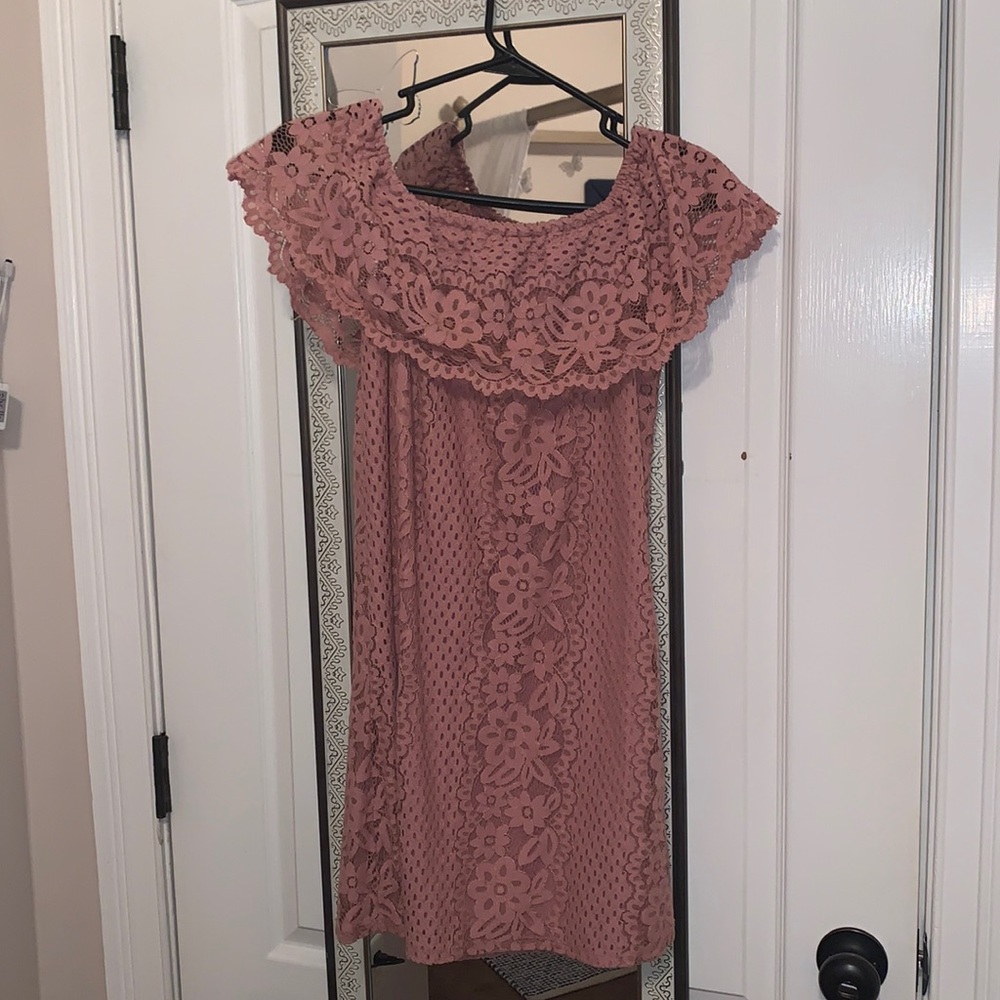 Dusty pink, off the shoulder dress